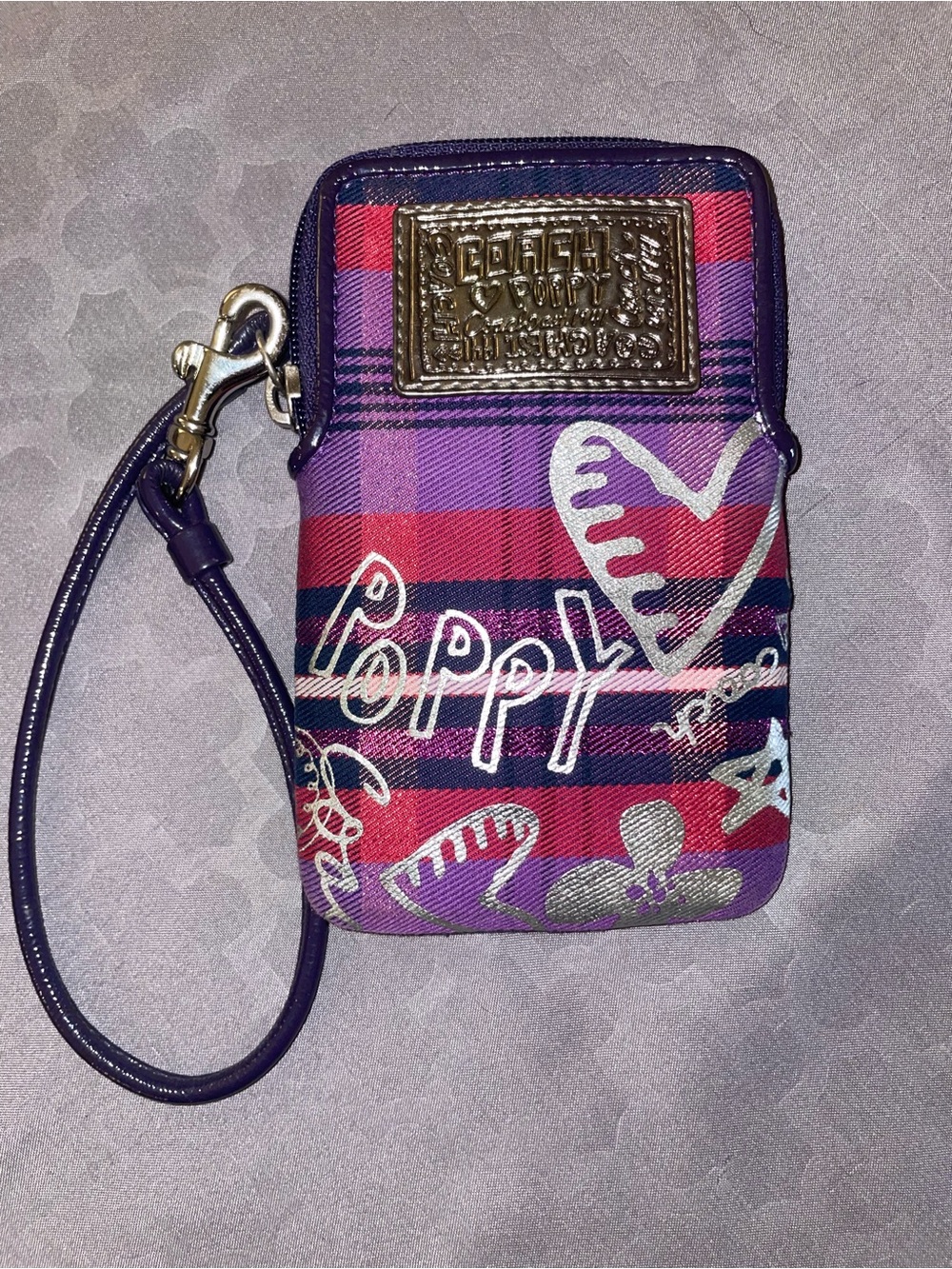 Coach Purple and Pink Plaid Poppy Wristlet Wallet Phone Case